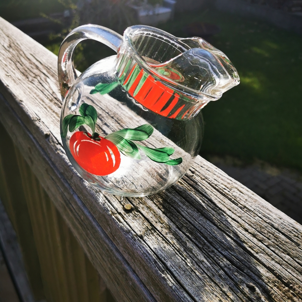 Vintage Clear Glass Tilt Ball Pitcher with Tomatoes